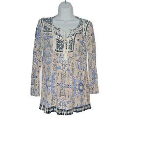 Lucky Brand Top Size S Boho Blue Multicolor 3/4 Sleeve Peasant Tassel Tie
